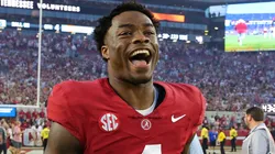 Jalen Milroe #4 of the Alabama Crimson Tide reacts after their 34-20 win over the Tennessee Volunteers at Bryant-Denny Stadium on October 21, 2023.