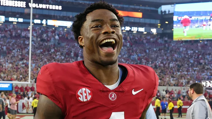 Jalen Milroe #4 of the Alabama Crimson Tide reacts after their 34-20 win over the Tennessee Volunteers at Bryant-Denny Stadium on October 21, 2023.