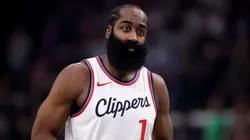 James Harden #1 of the LA Clippers looks on during the first half of a game against the Toronto Raptors at Intuit Dome on November 09, 2024 in Inglewood, California.
