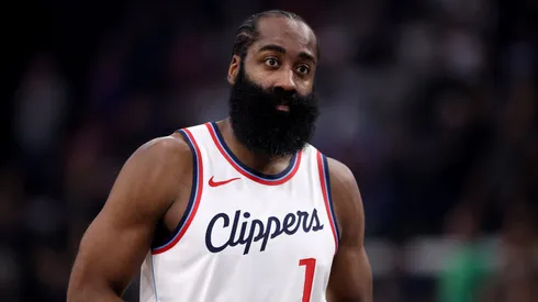 James Harden #1 of the LA Clippers looks on during the first half of a game against the Toronto Raptors at Intuit Dome on November 09, 2024 in Inglewood, California.