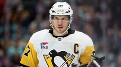 Sidney Crosby #87 of the Pittsburgh Penguins looks on during the first period Kraken at Climate Pledge Arena on February 29, 2024 in Seattle, Washington.
