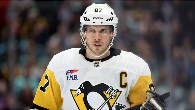 Sidney Crosby #87 of the Pittsburgh Penguins looks on during the first period Kraken at Climate Pledge Arena on February 29, 2024 in Seattle, Washington.
