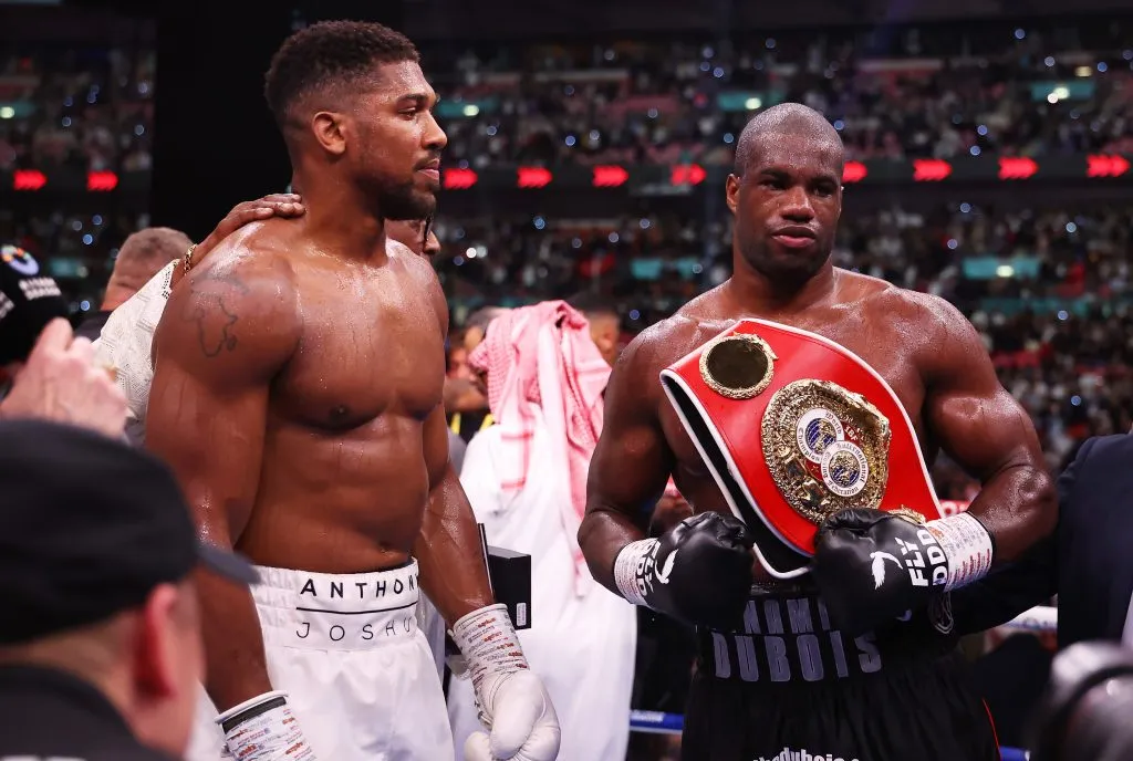 LONDON, ENGLAND – SEPTEMBER 21: Daniel Dubois and Anthony Joshua react after the IBF World Heavyweight Title fight between Daniel Dubois and Anthony Joshua, on the Riyadh Season  – Wembley Edition card at Wembley Stadium on September 21, 2024 in London, England. (Photo by Richard Pelham/Getty Images)
