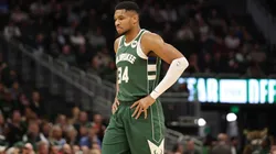 Giannis Antetokounmpo #34 of the Milwaukee Bucks walks backcourt during a game against the Houston Rockets at Fiserv Forum