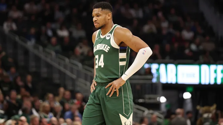 Giannis Antetokounmpo #34 of the Milwaukee Bucks walks backcourt during a game against the Houston Rockets at Fiserv Forum