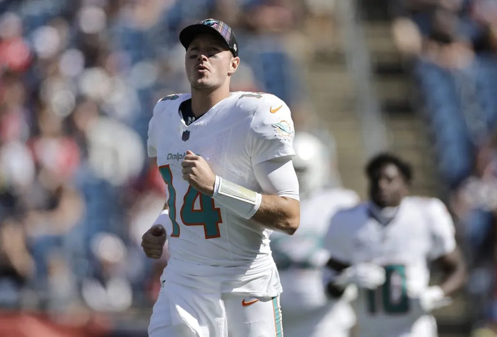 FOXBOROUGH, MASSACHUSETTS – OCTOBER 06: Tim Boyle #14 of the Miami Dolphins warms up prior to a game against the New England Patriots at Gillette Stadium on October 06, 2024 in Foxborough, Massachusetts. (Photo by Adam Hunger/Getty Images)