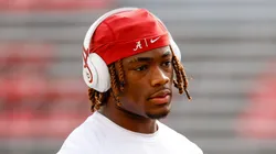 Alabama Crimson Tide quarterback Jalen Milroe (4) warming up before the NCAA Football game between the Alabama Crimson Tide and the Wisconsin Badgers at Camp Randall Stadium in Madison, WI.