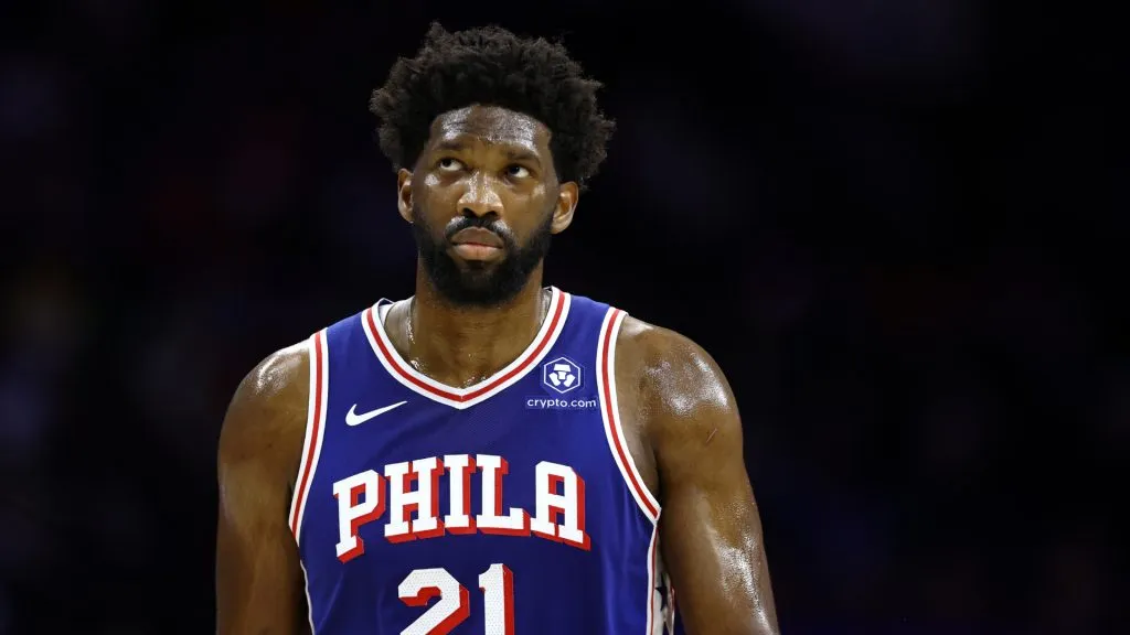 Joel Embiid #21 of the Philadelphia 76ers looks on during the first quarter against the Toronto Raptors at the Wells Fargo Center