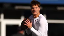 Quarterback Drake Maye #10 of the New England Patriots warms up prior to a game against the Los Angeles Rams at Gillette Stadium on November 17, 2024 in Foxborough, Massachusetts.