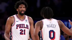 Tyrese Maxey #0 and Joel Embiid #21 of the Philadelphia 76ers talk during the second half against the New York Knicks at Madison Square Garden.