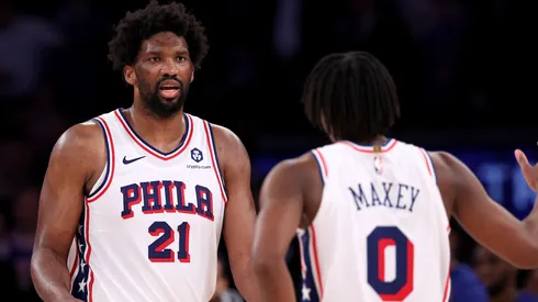 Tyrese Maxey #0 and Joel Embiid #21 of the Philadelphia 76ers talk during the second half against the New York Knicks at Madison Square Garden.