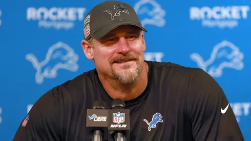 Head coach Dan Campbell of the Detroit Lions answers questions during a post-game interview after a game between the Detroit Lions and the Jacksonville Jaguars in Detroit, Michigan USA, on Sunday, November 17, 2024.
