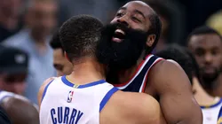 James Harden of the LA Clippers hugs Stephen Curry of the Golden State Warriors on November 18, 2024.