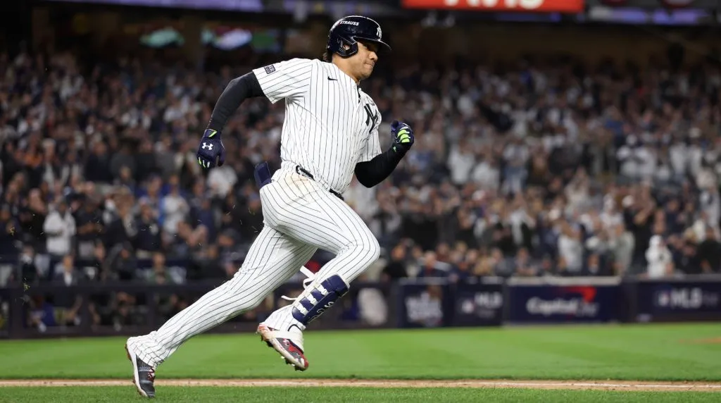 Juan Soto #22 of the New York Yankees doubles during the eighth inning of Game Four of the 2024 World Series against the Los Angeles Dodgers at Yankee Stadium on October 29, 2024 in the Bronx borough of New York City. (Photo by Sarah Stier/Getty Images)