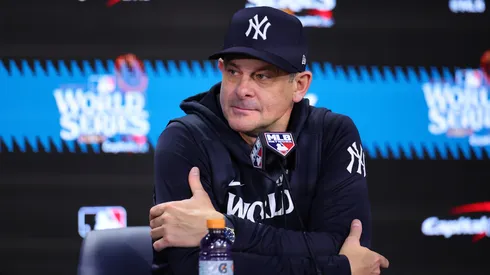 Manager Aaron Boone #17 of the New York Yankees talks to the media after the Los Angeles Dodgers defeated the New York Yankees 7-6 in game 5 to win the 2024 World Series at Yankee Stadium on October 30, 2024 in the Bronx borough of New York City.