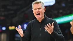 Head coach Steve Kerr of the Golden State Warriors reacts during the first quarter against the Cleveland Cavaliers at Rocket Mortgage Fieldhouse on November 08, 2024 in Cleveland, Ohio.