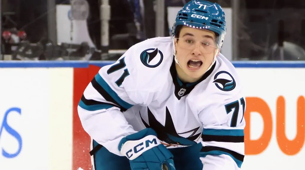 Macklin Celebrini #71 of the San Jose Sharks skates against the New York Rangers at Madison Square Garden on November 14, 2024 in New York City. The Rangers defeated the Sharks 3-2. (Photo by Bruce Bennett/Getty Images)