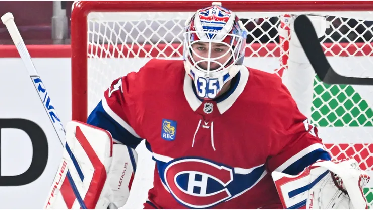 Sam Montembeault #35 of the Montreal Canadiens tends the net during the second period against the Toronto Maple Leafs at the Bell Centre.