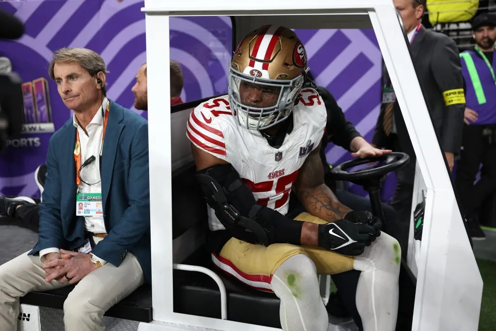 LAS VEGAS, NEVADA – FEBRUARY 11: Dre Greenlaw #57 of the San Francisco 49ers leaves the field during the second quarter against the Kansas City Chiefs during Super Bowl LVIII at Allegiant Stadium on February 11, 2024 in Las Vegas, Nevada. (Photo by Ezra Shaw/Getty Images)
