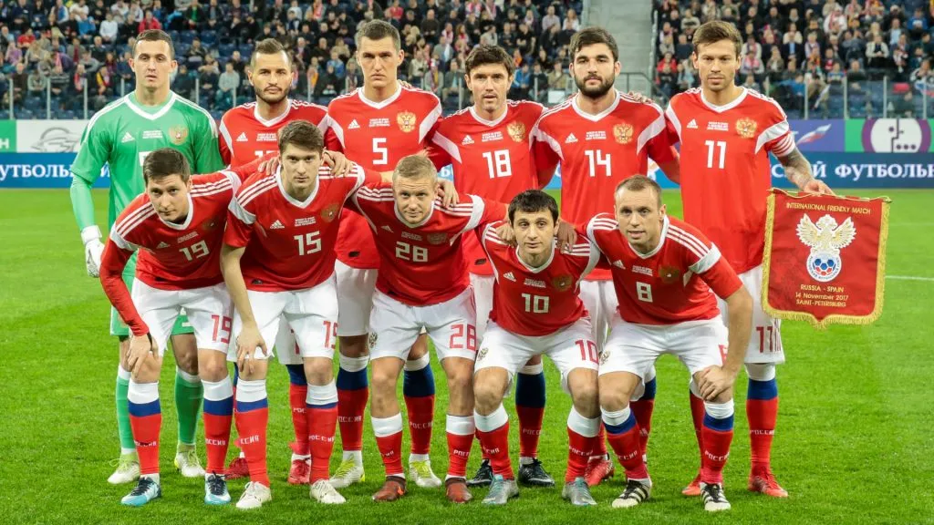 Russia national team players pose before Russia and Spain International friendly match. Epsilon/Getty Images