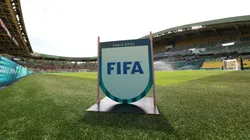 A detailed view of the FIFA logo.