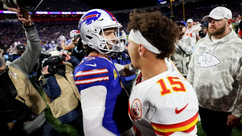 Josh Allen #17 of the Buffalo Bills greets Patrick Mahomes #15 of the Kansas City Chiefs after defeating the Kansas City Chiefs 30-21 at Highmark Stadium on November 17, 2024 in Orchard Park, New York.