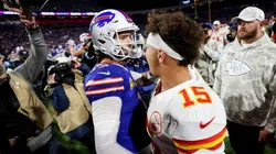 Josh Allen #17 of the Buffalo Bills greets Patrick Mahomes #15 of the Kansas City Chiefs after defeating the Kansas City Chiefs 30-21 at Highmark Stadium on November 17, 2024 in Orchard Park, New York.