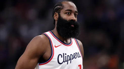 James Harden #1 of the LA Clippers looks on during the first half of a game against the Toronto Raptors at Intuit Dome on November 09, 2024 in Inglewood, California.