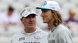 Head coach Doug Pederson and Trevor Lawrence #16 of the Jacksonville Jaguars speak before the game against the Minnesota Vikings at EverBank Stadium on November 10, 2024 in Jacksonville, Florida.