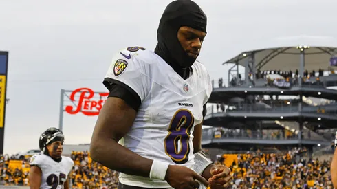 Lamar Jackson #8 of the Baltimore Ravens walks off the field after losing to the Pittsburgh Steelers 18-16 on November 17, 2024 at Acrisure Stadium in Pittsburgh, Pennsylvania.