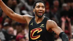Donovan Mitchell #45 of the Cleveland Cavaliers celebrates during the fourth quarter against the Chicago Bulls of the Emirates NBA Cup game at Rocket Mortgage Fieldhouse on November 15, 2024 in Cleveland, Ohio.