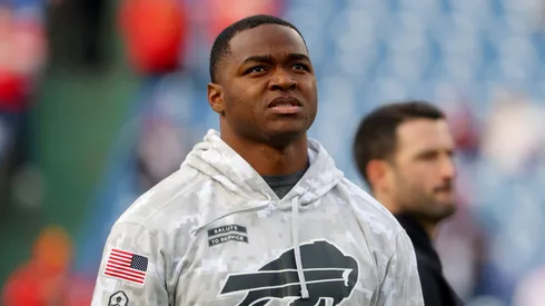 Amari Cooper #18 of the Buffalo Bills looks on during warmups before playing the Kansas City Chiefs at Highmark Stadium on November 17, 2024 in Orchard Park, New York.