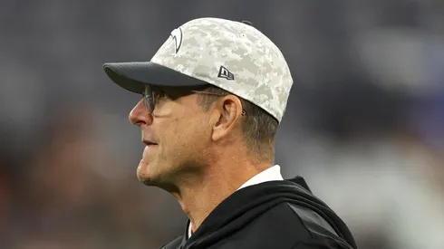 Head coach Jim Harbaugh of the Los Angeles Chargers catches a ball before the game against the Cincinnati Bengals at SoFi Stadium on November 17, 2024 in Inglewood, California.