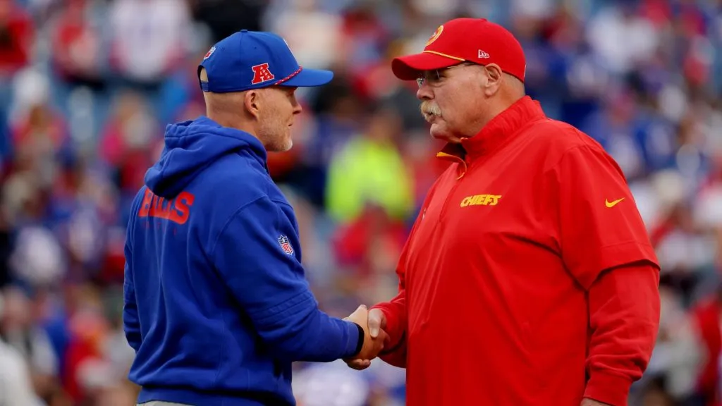 Head coach Sean McDermott of the Buffalo Bills and head coach Andy Reid of the Kansas City Chiefs shake hands prior to a game between the Buffalo Bills and the Kansas City Chiefs at Highmark Stadium on November 17, 2024 in Orchard Park, New York.