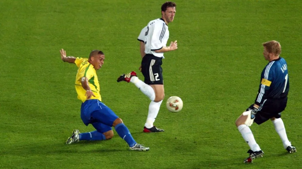 Ronaldo Nazario scores the first goal for Brazil the first goal past goalkeeper Oliver Kahn of Germany during the World Cup Final. (Tim De Waele/Getty Images)