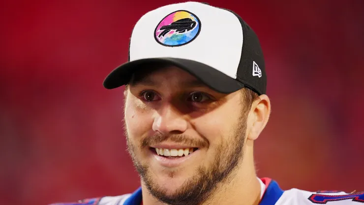 Josh Allen #17 of the Buffalo Bills reacts after defeating the Kansas City Chiefs 24-20 at Arrowhead Stadium on October 16, 2022 in Kansas City, Missouri.