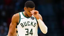 Giannis Antetokounmpo #34 of the Milwaukee Bucks reacts to a call during the second half of a basketball game against the Charlotte Hornets at Spectrum Center on November 16, 2024 in Charlotte, North Carolina.