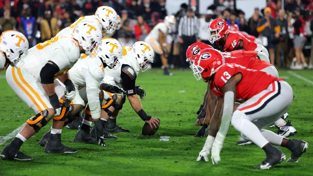 The Tennessee Volunteers offense lines up against the Georgia Bulldogs defense during the third quarter at Sanford Stadium on November 16, 2024 in Athens, Georgia. Georgia defeated Tennessee 31-17.