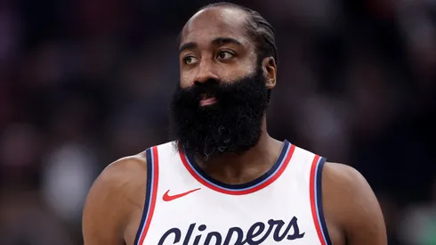 James Harden #1 of the LA Clippers looks on during the first half of a game against the Toronto Raptors at Intuit Dome on November 09, 2024 in Inglewood, California.