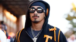 Nico Iamaleava #8 of the Tennessee Volunteers looks on during the Vol Walk prior to the game against the Kentucky Wildcats at Neyland Stadium on November 02, 2024 in Knoxville, Tennessee.
