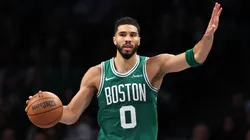 Jayson Tatum #0 of the Boston Celtics dribbles the ball against the Brooklyn Nets during the fourth quarter at the Barclays Center