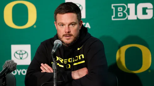 Head coach Dan Lanning of the Oregon Ducks talks with media after the win over Wisconsin Badgers at Camp Randall Stadium on November 16, 2024 in Madison, Wisconsin.