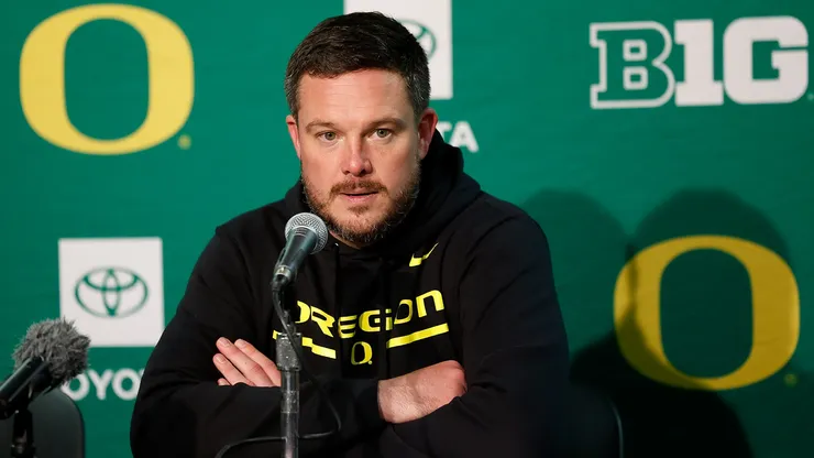 Head coach Dan Lanning of the Oregon Ducks talks with media after the win over Wisconsin Badgers at Camp Randall Stadium on November 16, 2024 in Madison, Wisconsin.