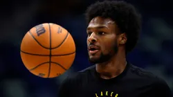 Bronny James #9 of the Los Angeles Lakers warms up prior to the start of an NBA game against the New Orleans Pelicans at Smoothie King Center on November 16, 2024 in New Orleans, Louisiana.