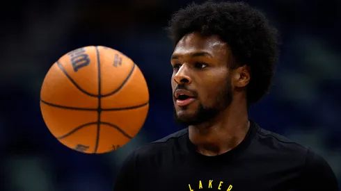 Bronny James #9 of the Los Angeles Lakers warms up prior to the start of an NBA game against the New Orleans Pelicans at Smoothie King Center on November 16, 2024 in New Orleans, Louisiana.