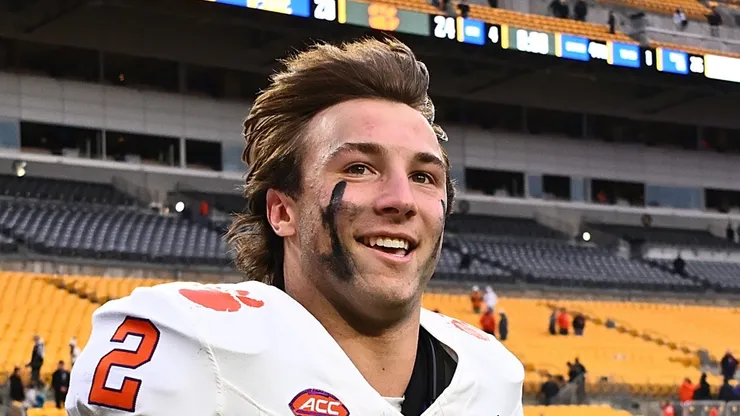 Cade Klubnik #2 of the Clemson Tigers runs off the field following a 24-20 win over the Pittsburgh Panthers during the game at Acrisure Stadium on November 16, 2024 in Pittsburgh, Pennsylvania.