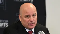 Head coach Jim Montgomery of the Boston Bruins talks with the media after a game between the Toronto Maple Leafs and the Boston Bruins in Game One of the First Round of the 2024 Stanley Cup Playoffs at TD Garden on April 20, 2024 in Boston, Massachusetts.