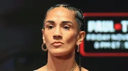 Amanda Serrano poses on the scale during her ceremonial weigh-in at The Pavilion at Toyota Music Factory on November 14, 2024 in Irving, Texas. Serrano is scheduled to challenge undisputed super lightweight champion Katie Taylor for her title on November 15 at AT&T Stadium in Arlington, Texas.