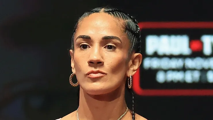 Amanda Serrano poses on the scale during her ceremonial weigh-in at The Pavilion at Toyota Music Factory on November 14, 2024 in Irving, Texas. Serrano is scheduled to challenge undisputed super lightweight champion Katie Taylor for her title on November 15 at AT&T Stadium in Arlington, Texas.