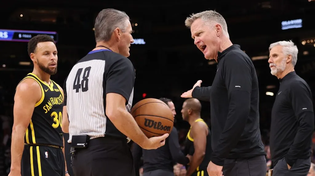 Head coach Steve Kerr of the Golden State Warriors reacts to referee Scott Foster #48 after a technical foul during the first half of the NBA game against the Phoenix Suns at Footprint Center. (Photo by Christian Petersen/Getty Images)